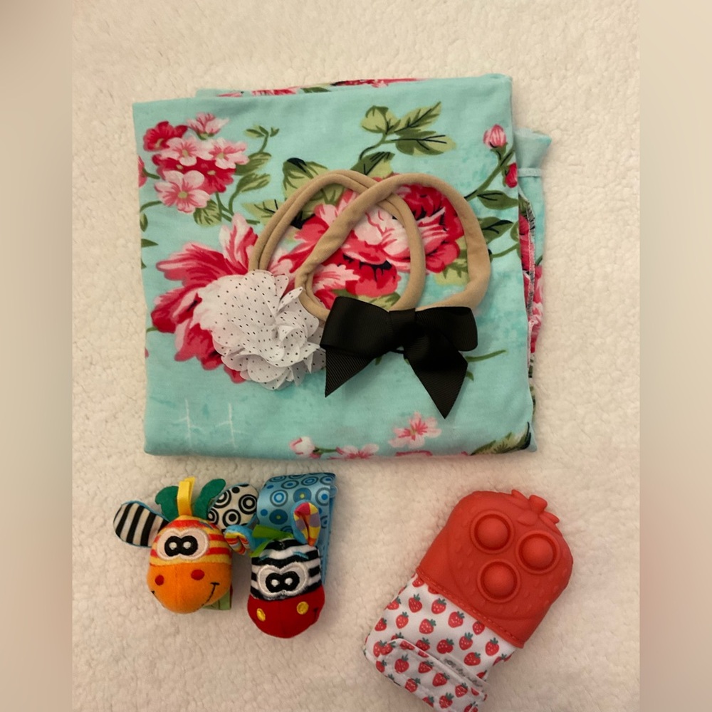 Baby Girl 6 pc Bundle Blanket, Headbands, Wrist Rattles and Teething Mitt
